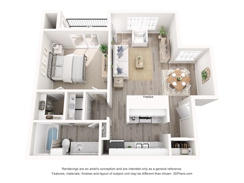 A 3D floor plan of a house with labeled rooms.